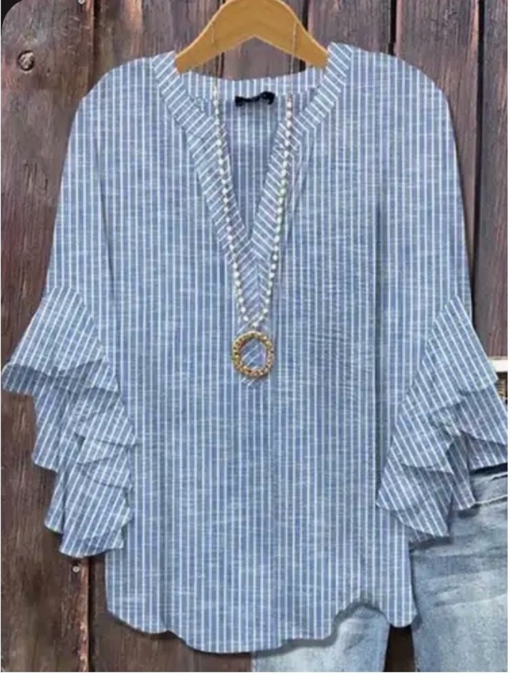 Striped Blue Ruffle-Sleeve V-Neck Blouse